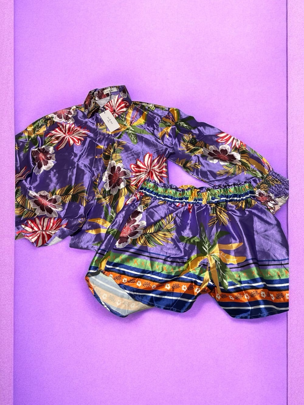 Women’s ' Purple Floral Satin Shorts with Tropical Print